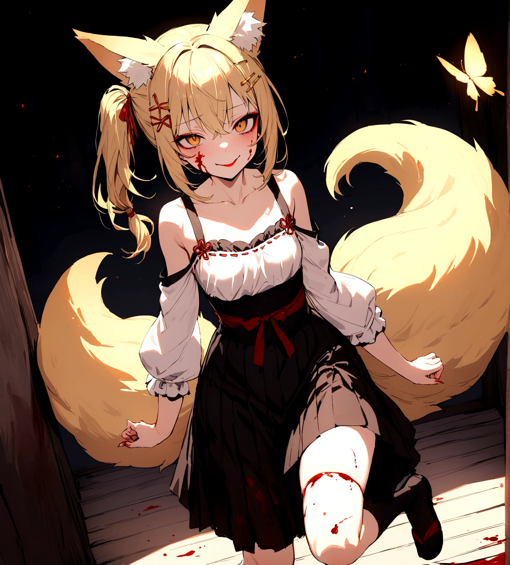 (masterpiece, best quality) junior,detailed, (beautiful,small breasts), blonde,long hair, side ponytail(tied to the left),Hairpin decoration with gold butterfly, elegant, (fox ears),nine tailed fox tail, red eyeshadow, golden eyes, femur，dark night sky,girl,yandere eyes,bloody face,bloody kimono(White Top),Red skirt,Maiden,Bloody(blood on fullbody),bloody ninjatou,evil smile