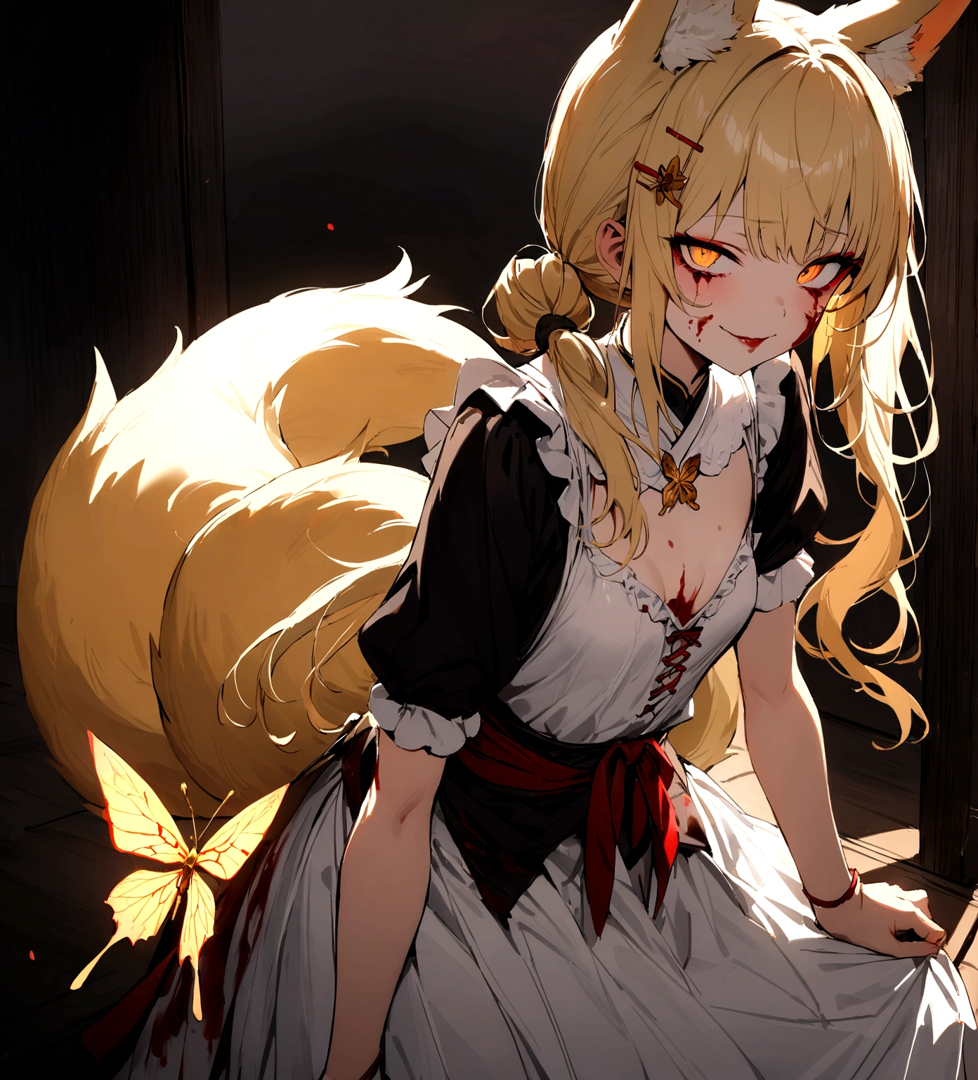 (masterpiece, best quality) junior,detailed, (beautiful,small breasts), blonde,long hair, side ponytail(tied to the left),Hairpin decoration with gold butterfly, elegant, (fox ears),nine tailed fox tail, red eyeshadow, golden eyes, femur,dark night sky,girl,yandere eyes,bloody face,bloody kimono(White Top),Red skirt,Maiden,Bloody(blood on fullbody),bloody ninjatou,evil smile