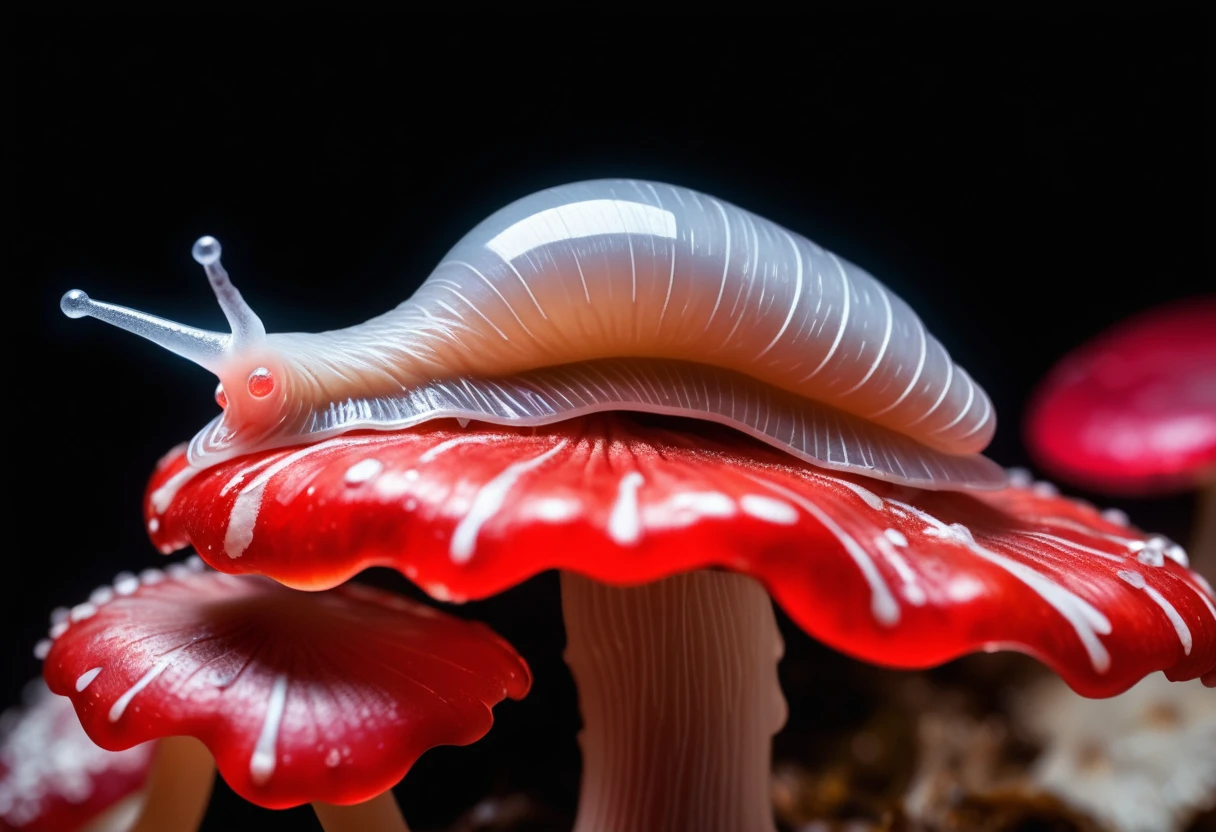 slimy translucent (slug crawling on top) of red and white mushroom, cinematic lighting, insane details, hyperrealistic extreme closeup macro photography, 64 megapixel DSLR