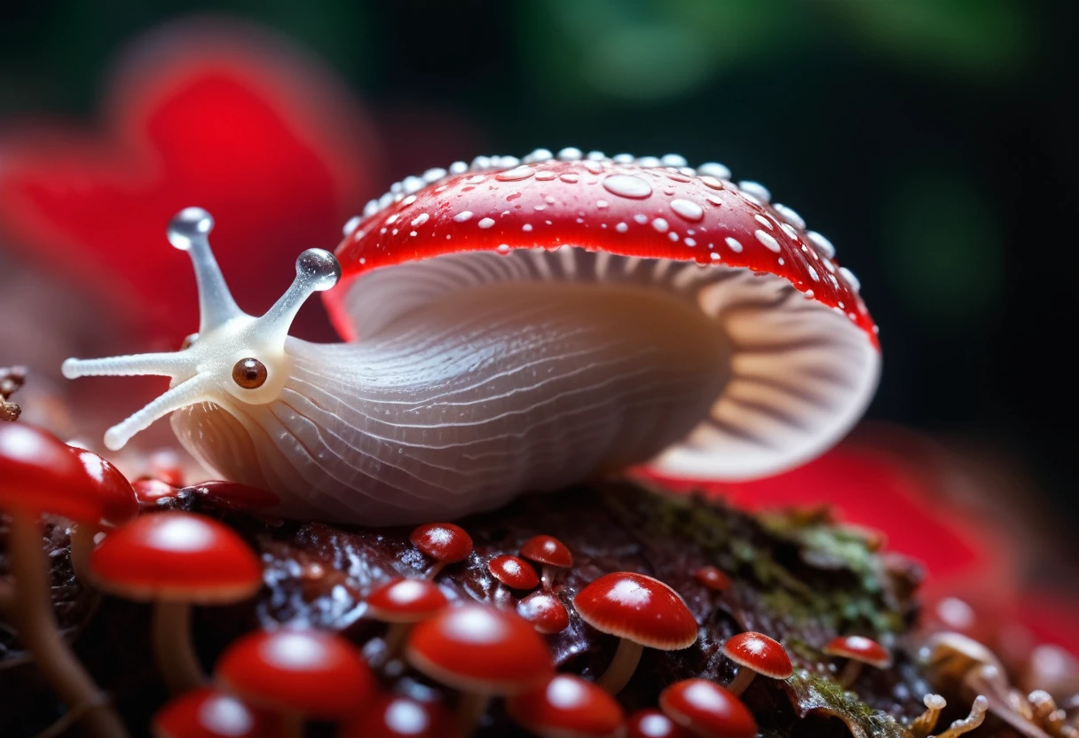slimy translucent (slug crawling on top) of red and white mushroom, cinematic lighting, insane details, hyperrealistic extreme closeup macro photography, 64 megapixel DSLR