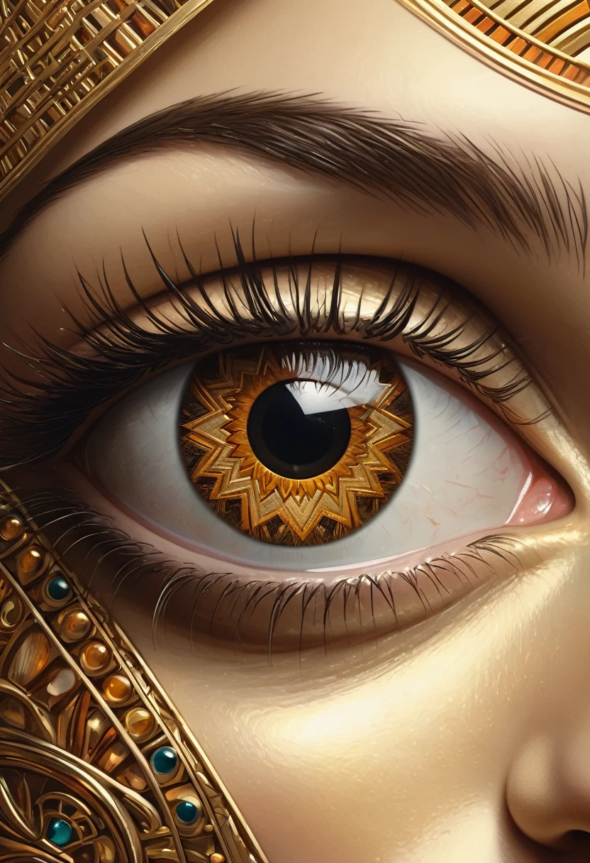 A detailed, hyper-realistic, art deco-inspired digital painting of a close-up eye, highly detailed and precise, with intricate geometric patterns and golden metallic accents, dramatic chiaroscuro lighting, cinematic composition, warm color palette, masterfully rendered