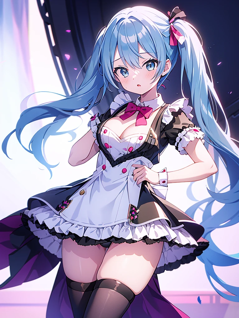 Sexy maid outfit, panty shots, lots of exposure, no bra, panties visible, light blue hair, embarrassing pose