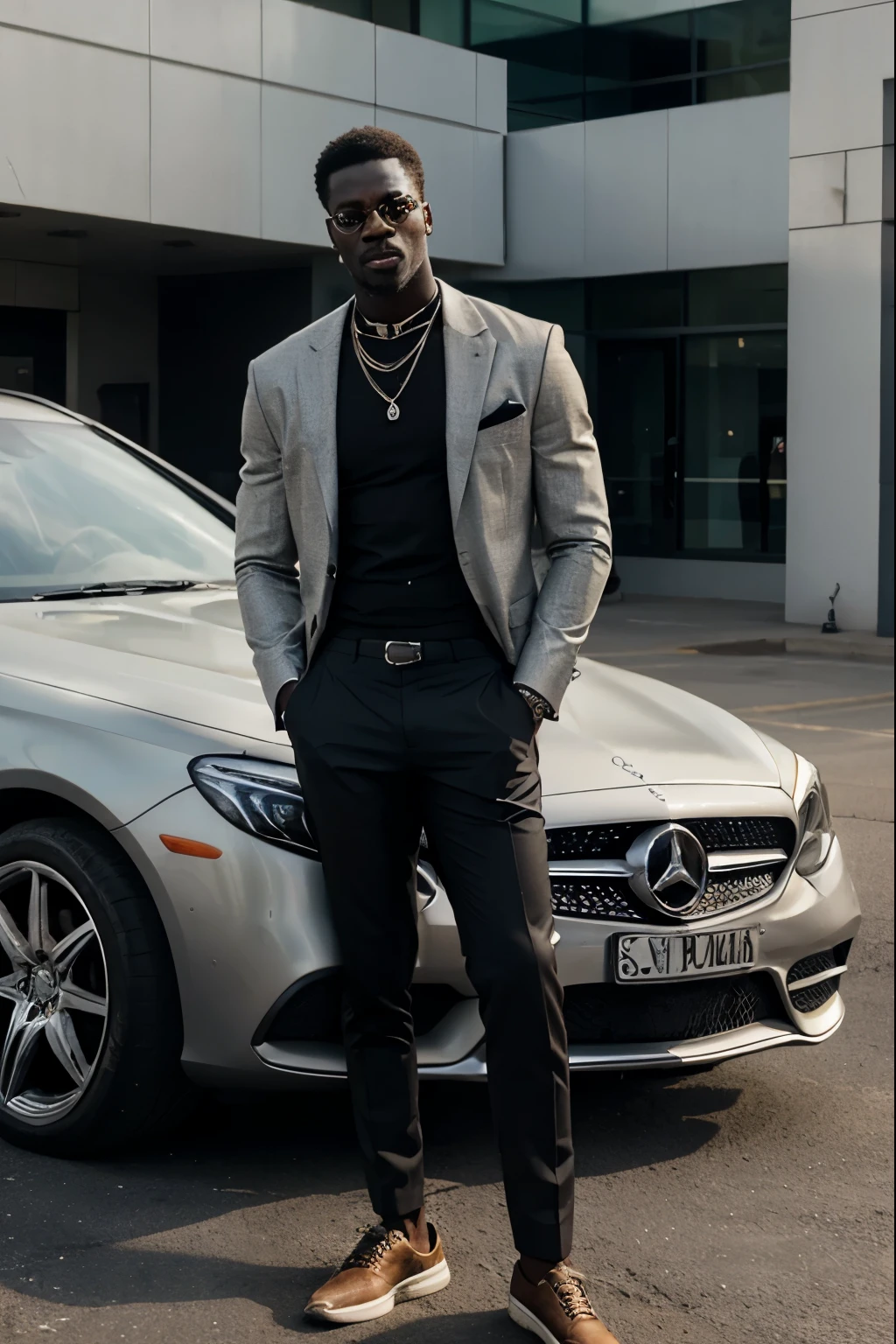 Create a realistic depiction of a tall, handsome African bad boy dressed in modern-day clothes. He should be standing beside a Mercedes."
