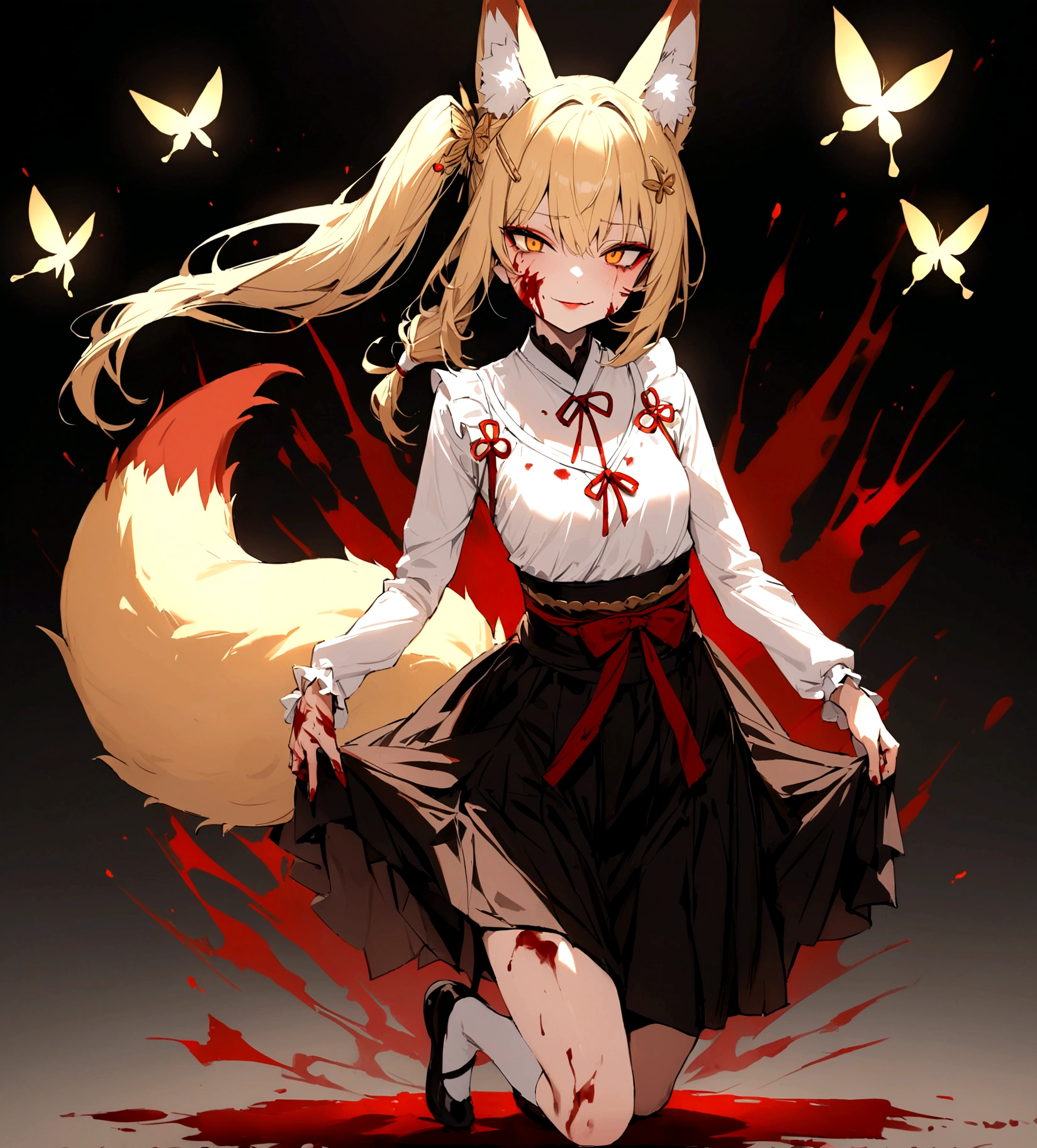 (masterpiece, best quality) junior,detailed, (beautiful,small breasts), blonde,long hair, side ponytail(tied to the left),Hairpin decoration with gold butterfly, elegant, (fox ears),nine tailed fox tail, red eyeshadow, golden eyes, femur,dark night sky,girl,yandere eyes,bloody face,bloody kimono(White Top),Red skirt,Maiden,Bloody(blood on fullbody),bloody ninjatou,evil smile