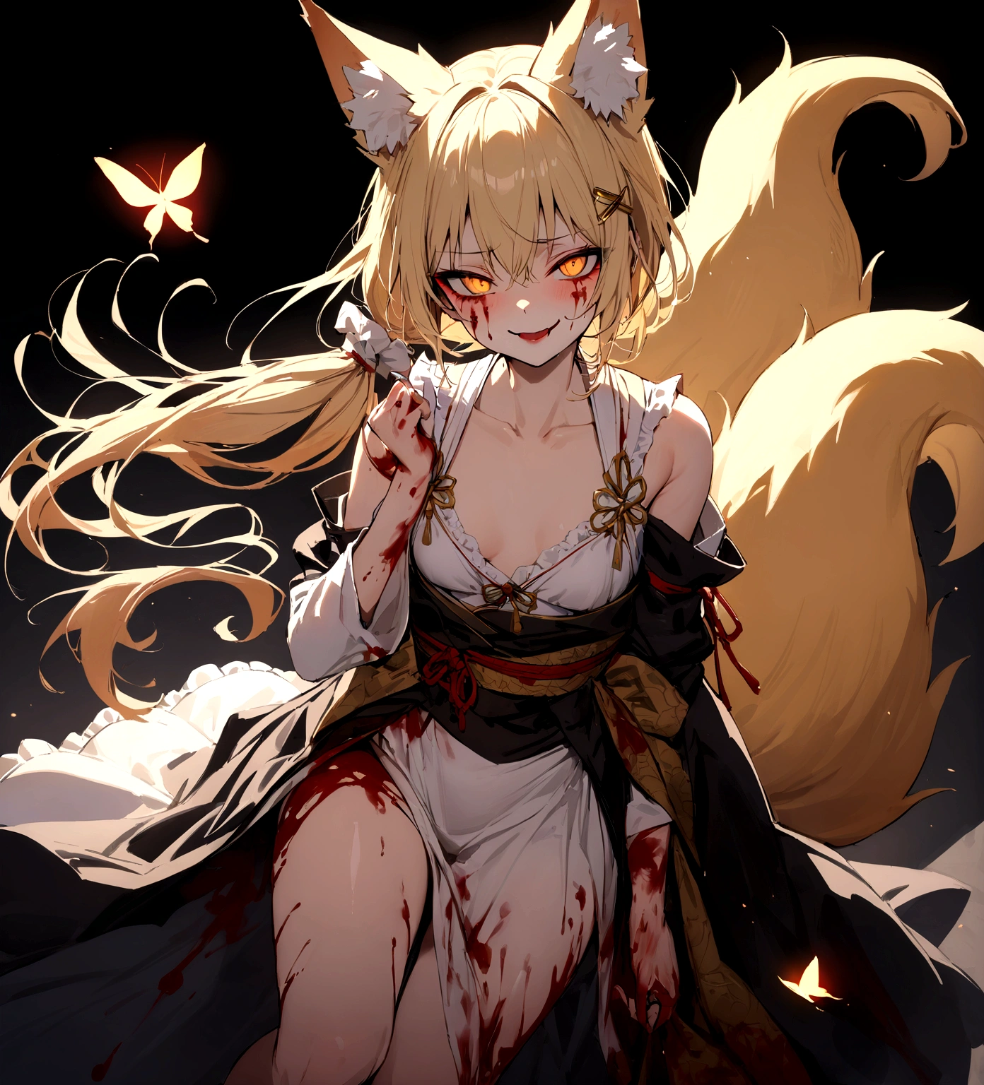 (masterpiece, best quality) junior,detailed, (beautiful,small breasts), blonde,long hair, side ponytail(tied to the left),Hairpin decoration with gold butterfly, elegant, (fox ears),nine tailed fox tail, red eyeshadow, golden eyes, femur,dark night sky,girl,yandere eyes,bloody face,bloody kimono(White Top),Red skirt,Maiden,Bloody(blood on fullbody),bloody ninjatou,evil smile