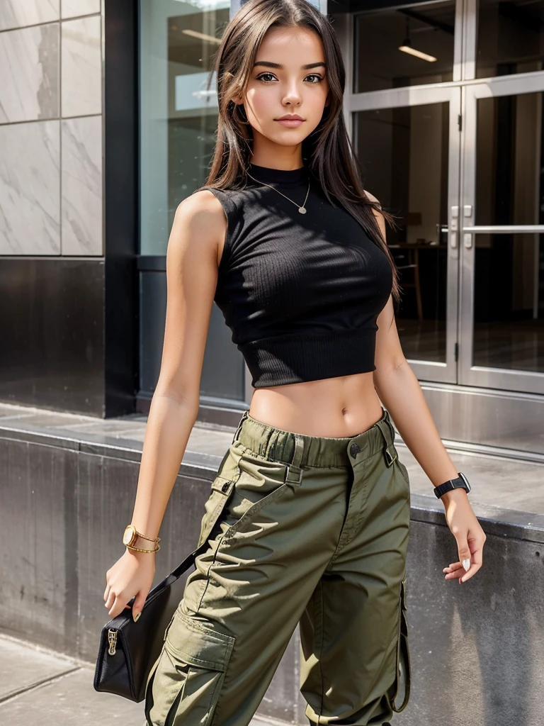 Create an image of a cute girl aged between 18 to 20 years old. She should be wearing a black watch on her wrist. She is dressed in cargo pants and a top. Ensure that she doesn't look too wealthy or overly glamorous.