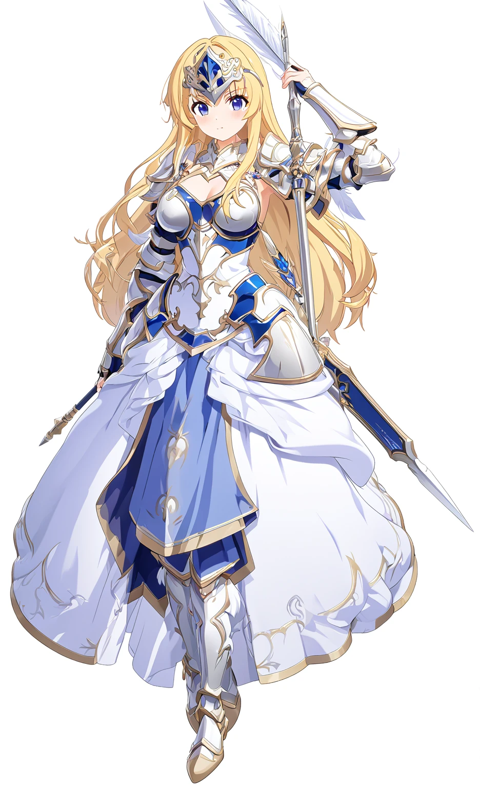 Highest quality, high resolution, High quality game art style, whole body,Valkyrie,Official Art, Smooth game CG art,Cute 3D anime girl render, Visual Novel Sprites, White background,Smooth game CG art, (((Woman with a long spear))),A woman wearing a white dress and blue armor, An intricately designed helmet with white feathers,Small shield, (((Has an exquisite long spear))),Exquisite Blue Armor,Golden Hair, long hair, female knight, Rin々Shii,Large Bust,17 years old,