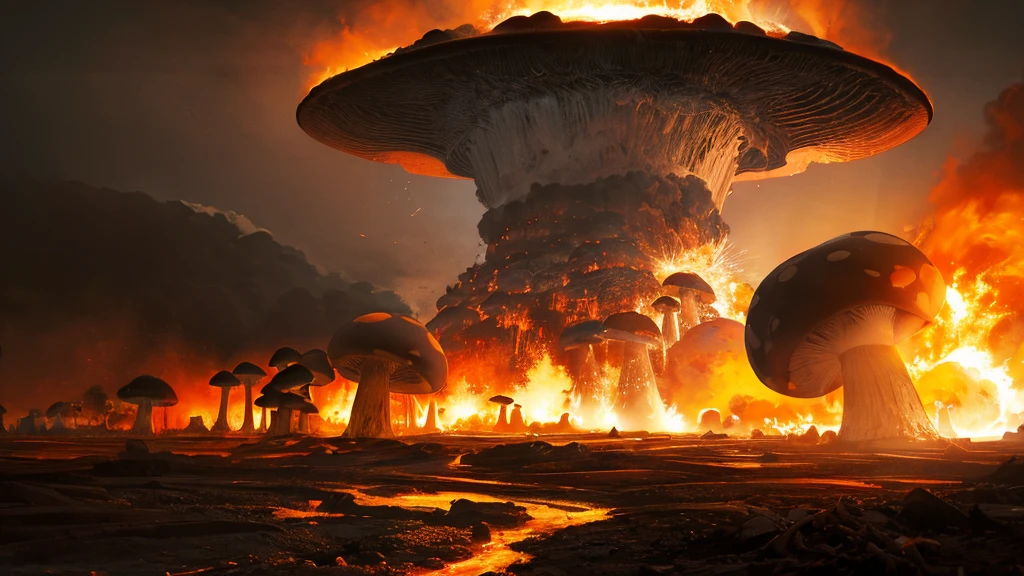a massive nuclear explosion, a giant mushroom cloud, intense bright light, scorching heat, shockwaves, devastated landscape, cracked earth, dark ominous sky, apocalyptic scene, cinematic lighting, dramatic atmosphere, digital art, hyper-realistic, 8k, photorealistic, highly detailed, masterpiece