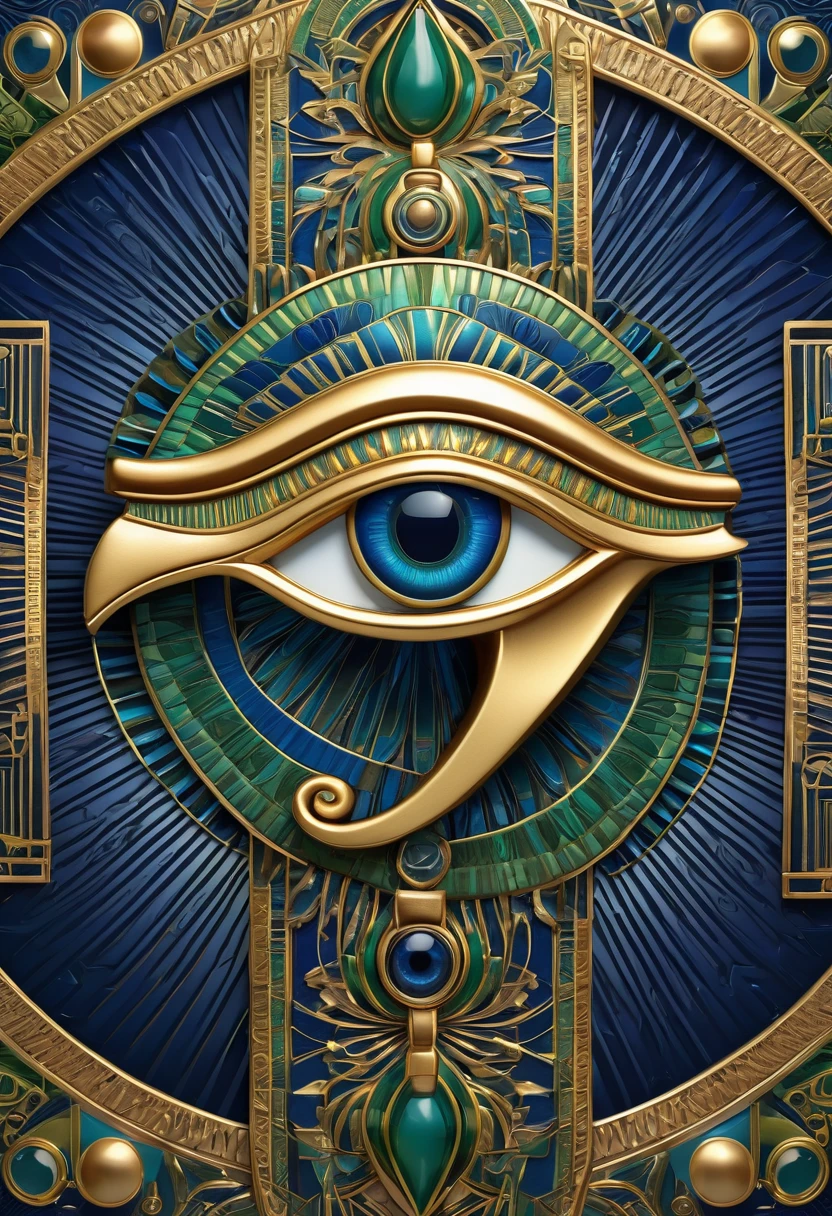 a detailed eye of horus, egyptian mythology, art deco style, ornate patterns, geometric shapes, intricate details, symmetrical composition, metallic gold accents, deep blue and green colors, dramatic lighting, photorealistic, 8k, highly detailed