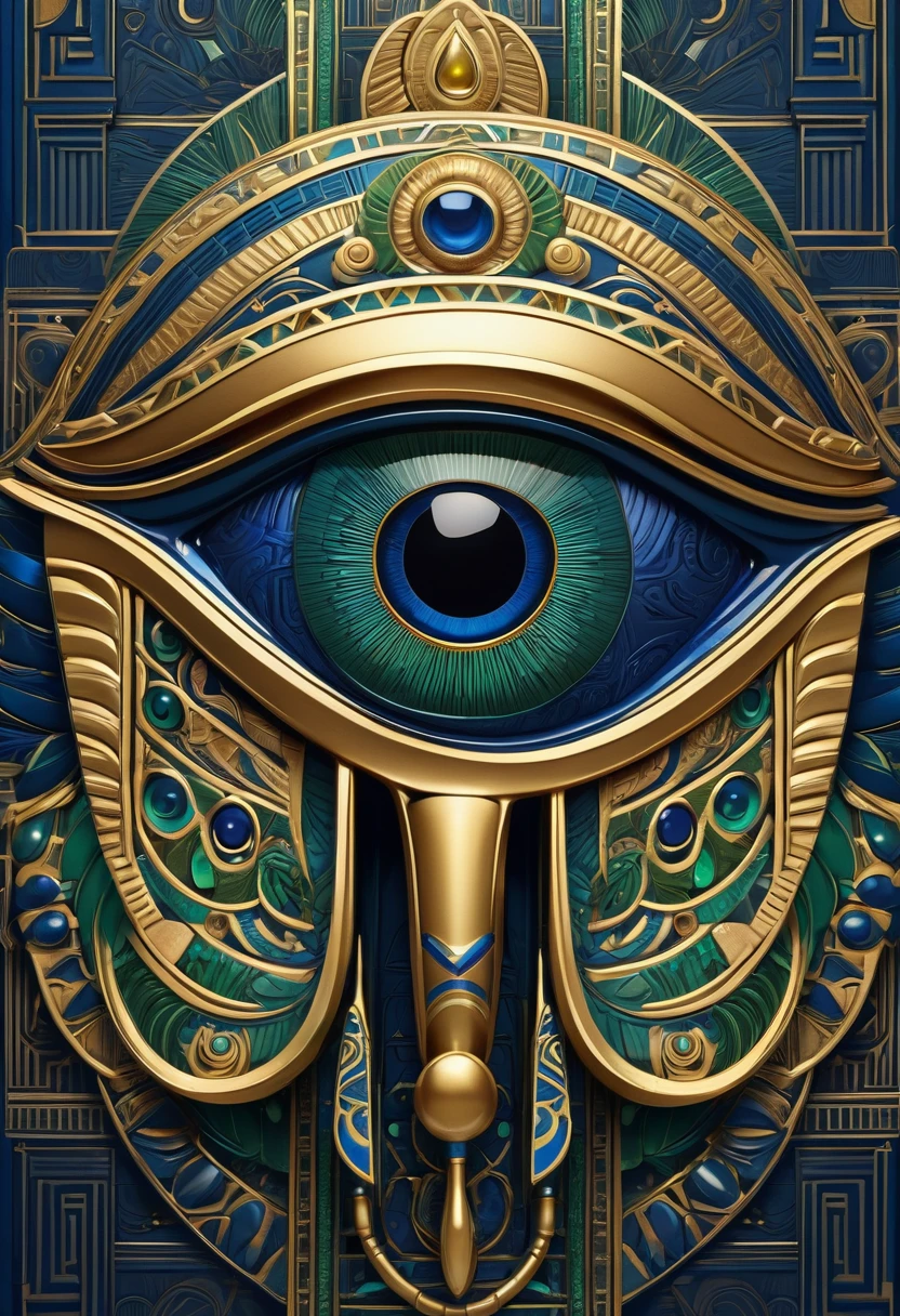 a detailed eye of horus, egyptian mythology, art deco style, ornate patterns, geometric shapes, intricate details, symmetrical composition, metallic gold accents, deep blue and green colors, dramatic lighting, photorealistic, 8k, highly detailed