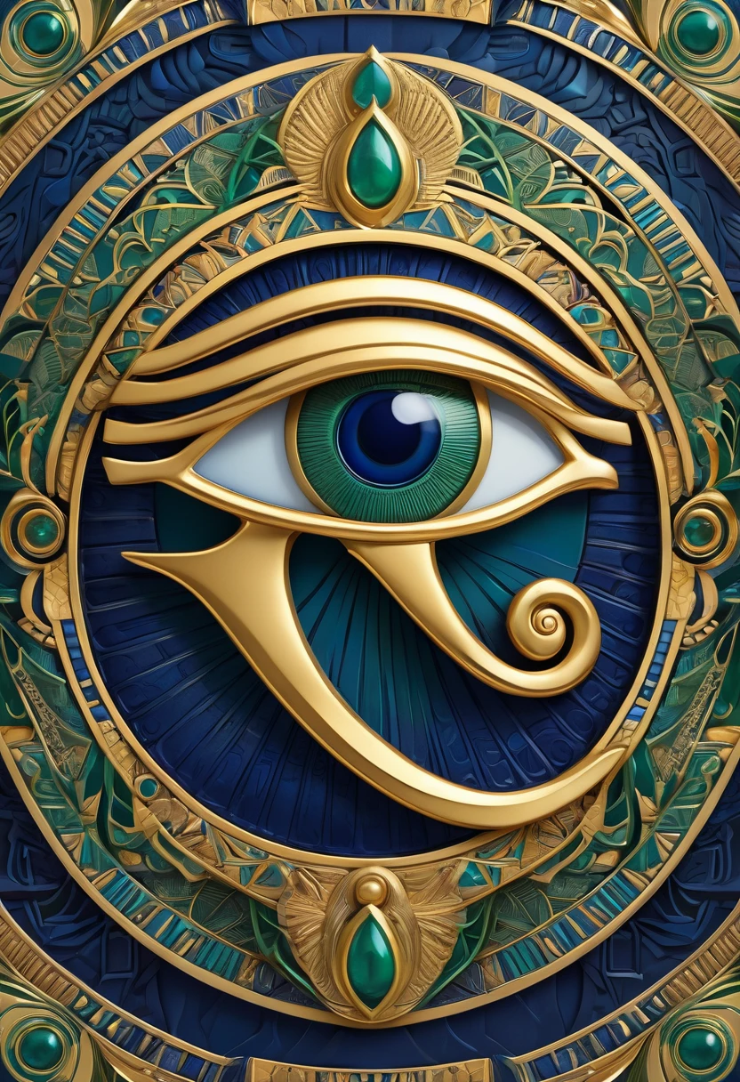 a detailed eye of horus, egyptian mythology, art deco style, ornate patterns, geometric shapes, intricate details, symmetrical composition, metallic gold accents, deep blue and green colors, dramatic lighting, photorealistic, 8k, highly detailed