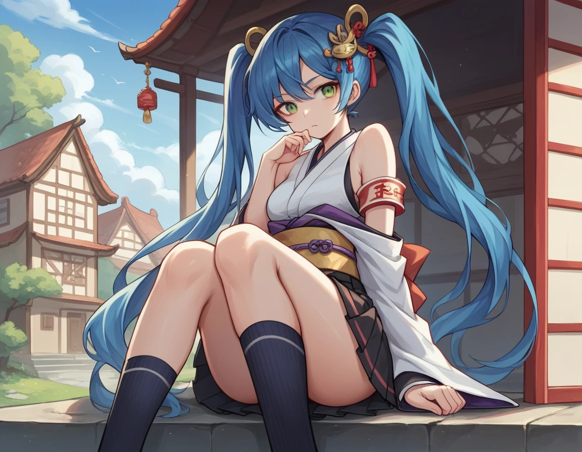score_9, score_8_superior, score_7_superior, sauce_anime,
brazier, brazier, Long Hair, Green Eyes, Blue Hair, Twin tails, hair ornaments,
skirt, Knee socks, kimono, zettai ryouiki, Armband, purple Knee socks, belt, pleated skirt, black skirt, Bare shoulders,
Outdoor, village, I had already finished, Painful expression on the viewer&#39;s face, Cowboy Shot, Dutch Angle, alone,The body is tied with a rope,