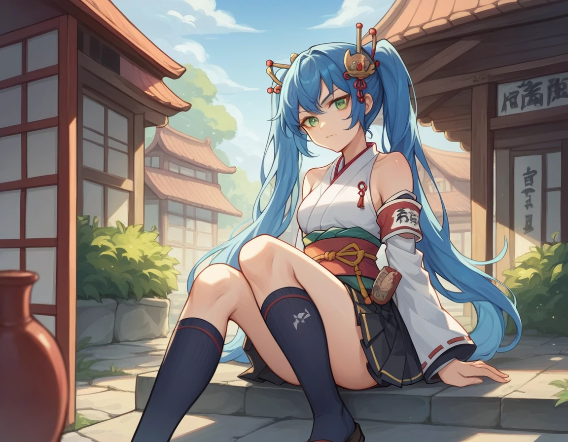 score_9, score_8_superior, score_7_superior, sauce_anime,
brazier, brazier, Long Hair, Green Eyes, Blue Hair, Twin tails, hair ornaments,
skirt, Knee socks, kimono, zettai ryouiki, Armband, purple Knee socks, belt, pleated skirt, black skirt, Bare shoulders,
Outdoor, village, I had already finished, Painful expression on the viewer's face, Cowboy Shot, Dutch Angle, alone,The body is tied with a rope,