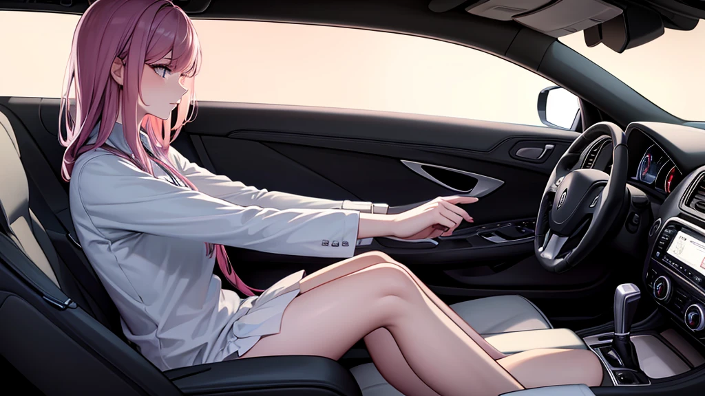 Create an image from the angle inside a car, showing a 80's woman with a thoughtful expression on her face as she gazes out of the side window at the cityscape. The city outside should be visible, illuminated by streetlights and neon signs. Use soft, pastel colors and subtle gradients to capture a dreamy, reflective atmosphere. Ensure the interior of the car feels cozy and comfortable, adding to the overall serene vibe.