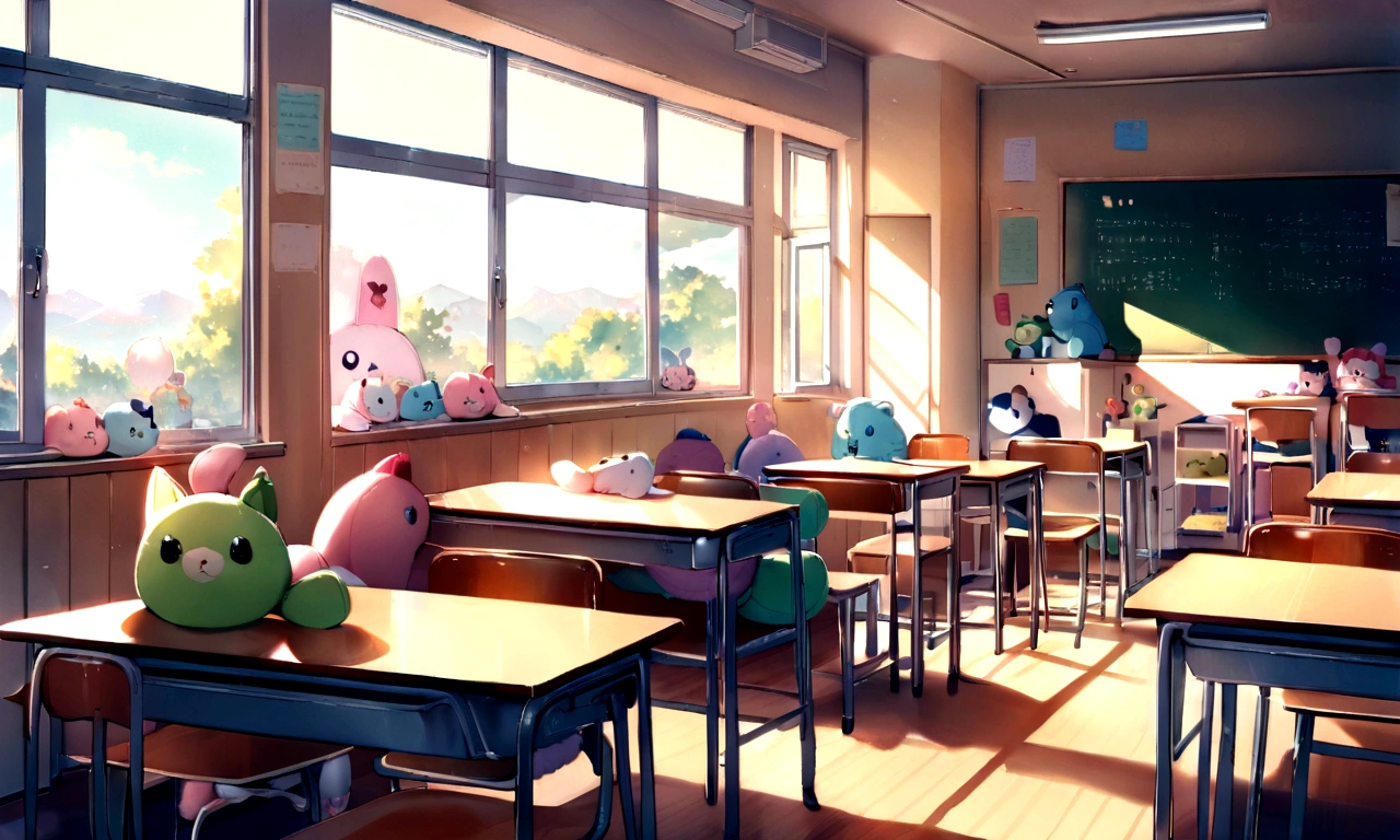Round-eyed cats sit in chairs for lessons, Classroom,Several rows of tables, , Face the blackboard, Sunlight outside the window,Pink and pastel colors、dreamy lighting、Around((Cute stuffed animals:1.5))、Pleasant atmosphere