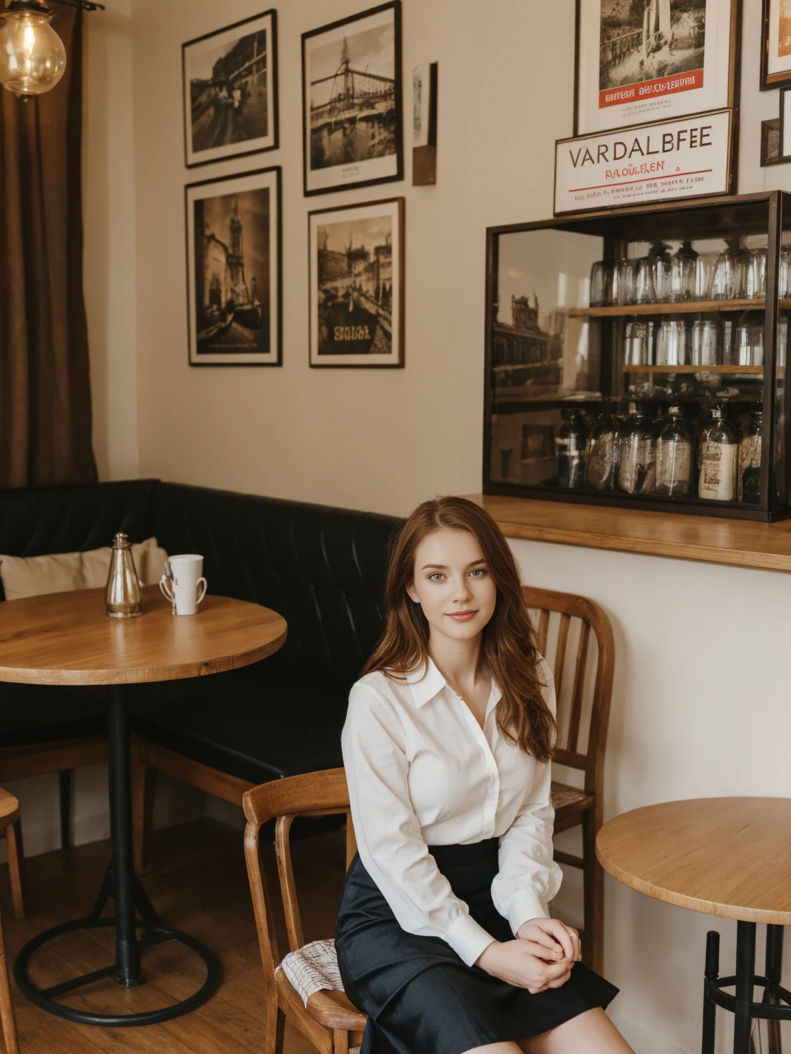her name is Elle, high quality, 1girl, ((20-year-old fit Caucasian woman)), ((20 years old)), ((fit)), ((pale skin)), long length straight auburn hair , wearingRuched Front Satin Blouse + High-Waisted Asymmetrical Skirt, pose: sitting on a chair, background: Describe the cozy interior of a Parisian café, with its small round tables topped with checkered tablecloths, wrought iron chairs, vintage posters adorning the walls, and the aroma of freshly brewed coffee mingling with the scent of freshly baked croissants.