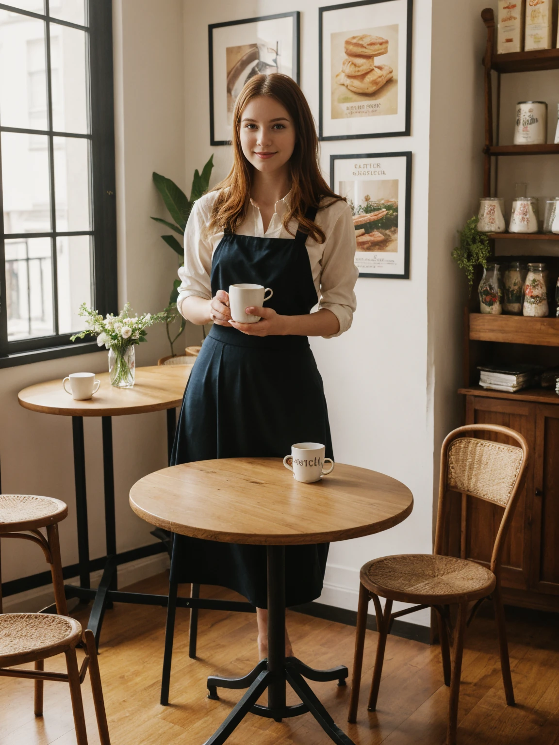 her name is Elle, high quality, 1girl, ((20-year-old fit Caucasian woman)), ((20 years old)), ((fit)), ((pale skin)), long length straight auburn hair , wearingRuched Front Satin Blouse + High-Waisted Asymmetrical Skirt, pose: sitting on a chair, background: Describe the cozy interior of a Parisian café, with its small round tables topped with checkered tablecloths, wrought iron chairs, vintage posters adorning the walls, and the aroma of freshly brewed coffee mingling with the scent of freshly baked croissants.