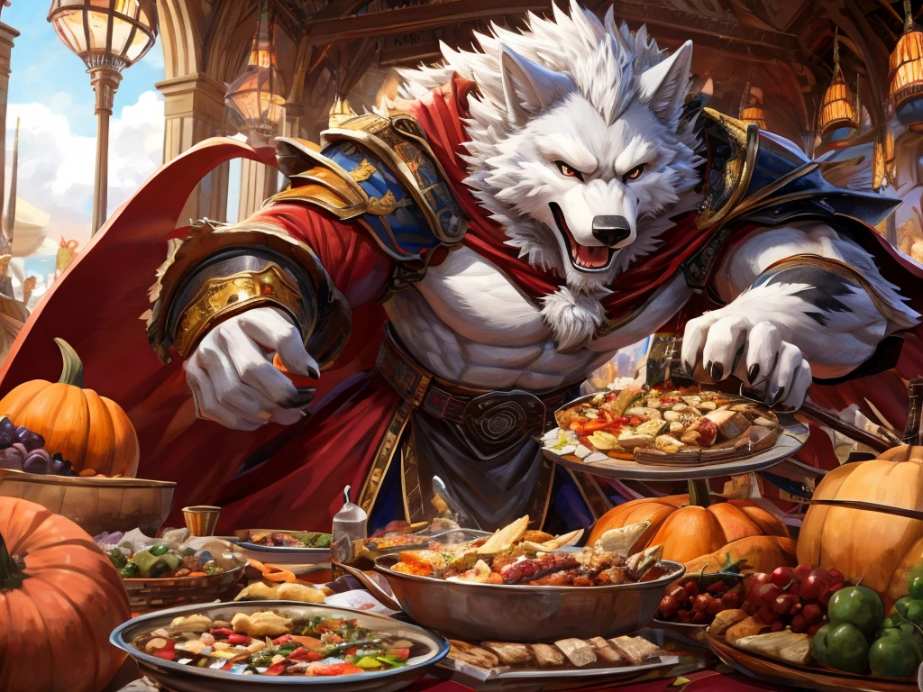 Anthro((dramatic))epic, dynamic pose, One scene of movie, An extreme perspective with a powerful composition, absurdres, Perfect Anatomy, magnificent picture of kemono fighting fierce battles, (ultra detailed), sharp focus, niji, eyesgod, black eye, furry, light-white fur, brown fur, white beard, anthro (wolf), male, middle-aged, gray body, white belly, white body, brown body, tail, muscular, knight costume, long red cherry cloak, ultra detailed face, 6+boys, (selfie:0.2), (group shot:0.5), thanksgiving celebration festival, blue sky with clouds, table with many foods, happy, joyful, excited, close eyes, eating some food, motion blur, (best quality), (masterpiece), high details, high quality, award winning, highres, HD, 16k, (close up:1)