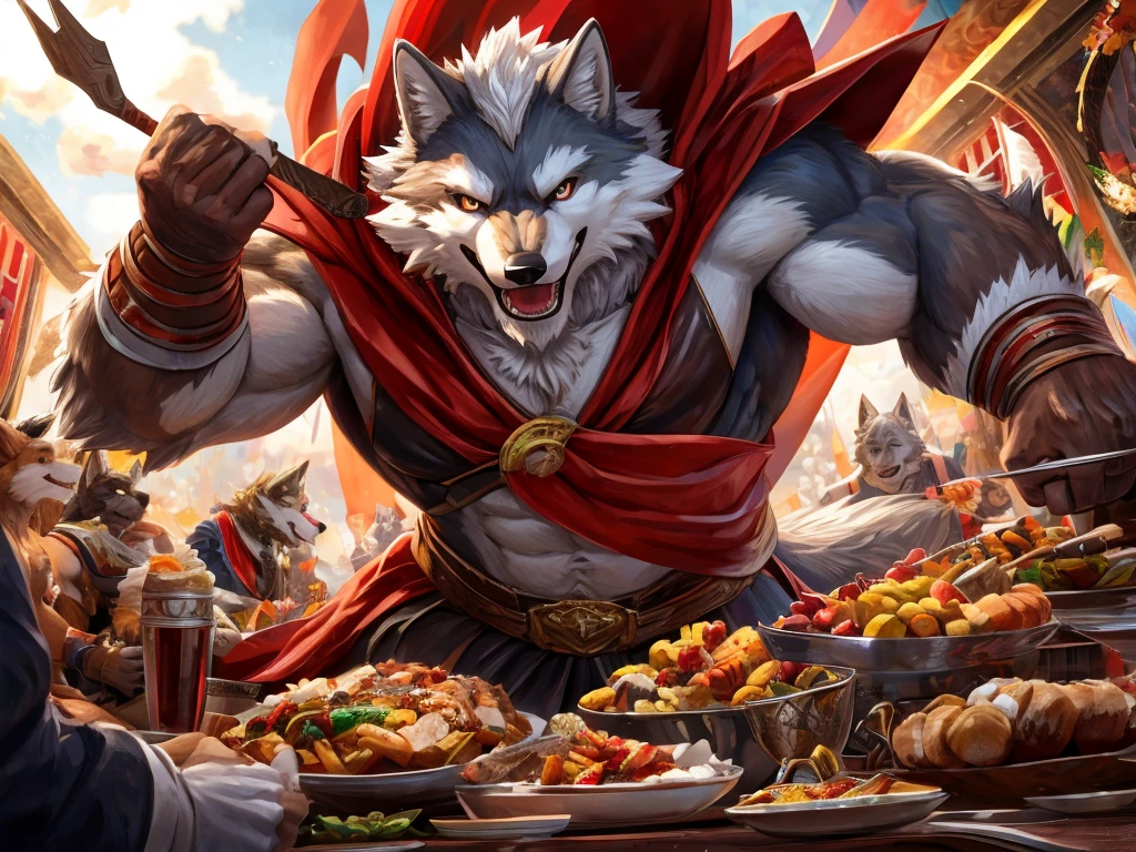 Anthro((dramatic))epic, dynamic pose, One scene of movie, An extreme perspective with a powerful composition, absurdres, Perfect Anatomy, magnificent picture of kemono fighting fierce battles, (ultra detailed), sharp focus, niji, eyesgod, black eye, furry, light-white fur, brown fur, white beard, anthro (wolf), male, middle-aged, gray body, white belly, white body, brown body, tail, muscular, knight costume, long red cherry cloak, ultra detailed face, 6+boys, (selfie:0.2), (group shot:0.5), thanksgiving celebration festival, blue sky with clouds, table with many foods, happy, joyful, excited, close eyes, eating some food, motion blur, (best quality), (masterpiece), high details, high quality, award winning, highres, HD, 16k, (close up:1)