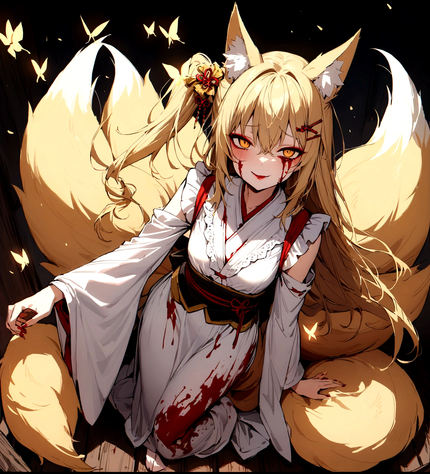 (masterpiece, best quality) junior,detailed, (beautiful,small breasts), blonde,long hair, side ponytail(tied to the left),Hairpin decoration with gold butterfly, elegant, (fox ears),(fox tail)nine tailed fox tail, red eyeshadow, golden eyes, femur，dark night sky,girl,yandere eyes,bloody face,bloody kimono(White Top),Red skirt,Maiden,Bloody(blood on fullbody),bloody ninjatou,evil smile