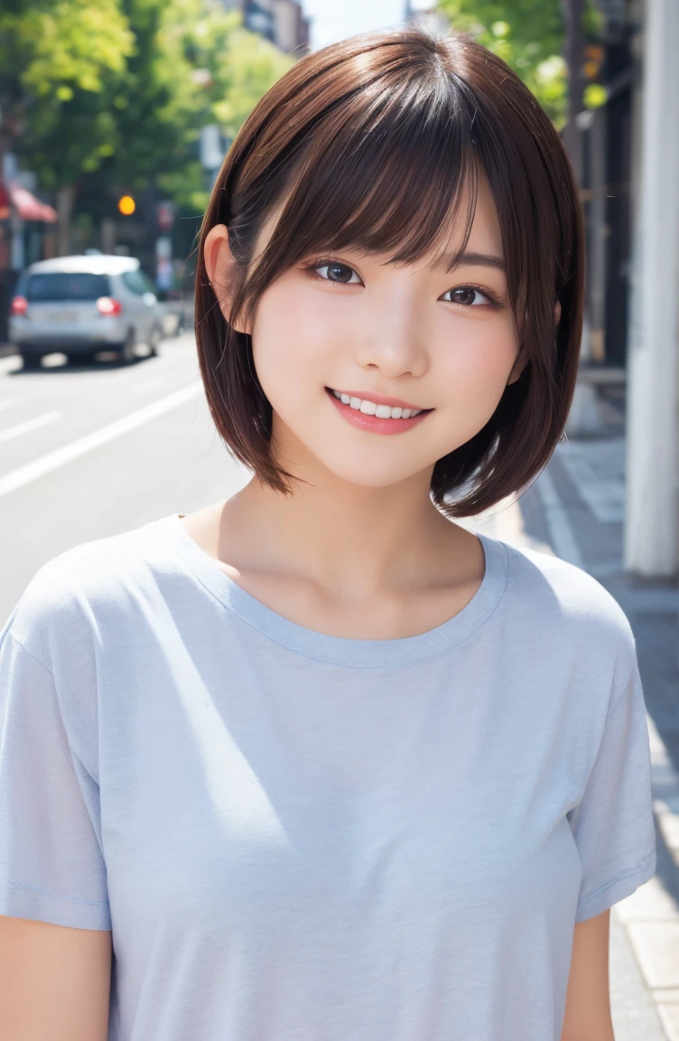 (highest quality,8K quality,masterpiece:1.3,),(超A high resolution:1.3,Realistic:1.4,RAW Photos:1.2),(Super detailed:1.2,Glowing Skin,Detailed skin:1.1),(Detailed face,Perfect Anatomy,Caustics:1.2), (Symmetrical eyes:1.3),1 girl,cute,Japanese,22 years old,Japanese Ido,Natural brown hair,Short hair curled outwards,cute目,Natural Makeup,Oversized T-shirt,Laughter,Looking into the camera,On the face,Face Focus,Street Corner,Professional Writing,Natural soft light,