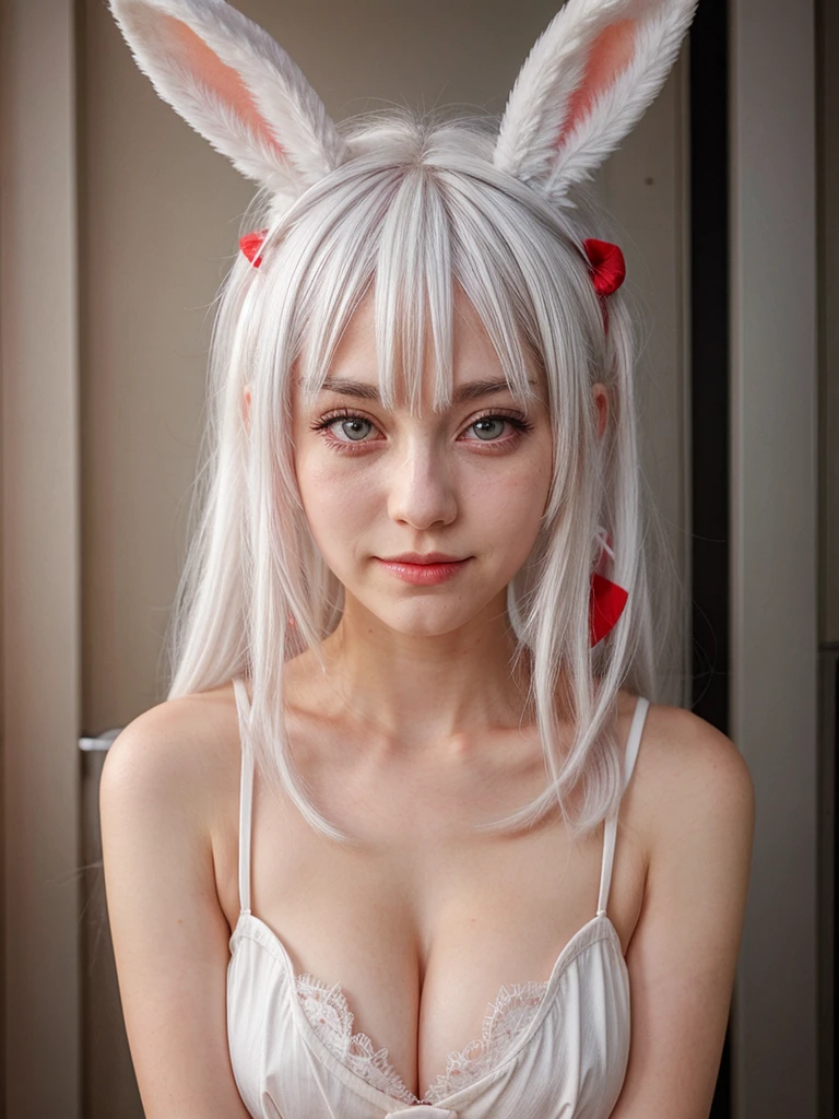 Anime girl with white hair and bunny ears, red eyes, shy blush,