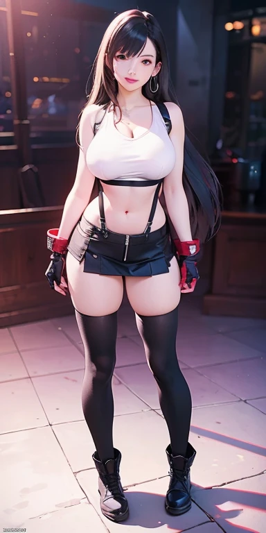 (((Full and soft breasts,)))(((Huge breasts))) (((Cleavage))) (Perfect curvy figure)(8K, best quality, masterpiece:1.2) (Practical, photo-Practical:1.37) (whole body) 1 Single girl, permanent,  (broad stance) permanent contrapposto, Extremely detailed, Lovely (Tifa Lockhart) (Large Breasts:1.5) (beautiful detailed Eye) (Smile:1.2) (Shut up) Clear focus, Depth of Field, Good composition, Final Fantasy VII, Very long straight hair, Hair bangs ((Red_Eye)), complex, Bokeh (Tetsuya Nomura style) Perfect breasts, White vest, Black Thong, Suspenders, Gloves, stocking, Fit body, sports, Wide hips, Thin waist, Toned arms, Exposing the belly, View from behind