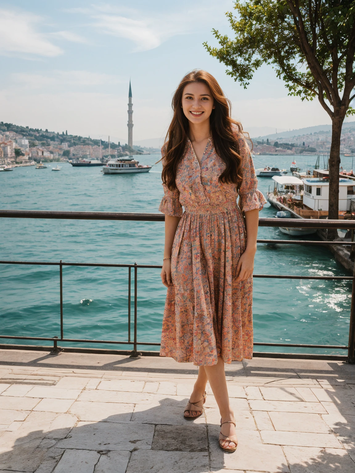her name is Annie, high quality, 1girl, ((20-year-old fit Caucasian woman)), ((20 years old)), ((fit)) auburn long hair, pose: standing, wearing colored unique g gen Z modern wear, BACKGROUND: Lived between Europe and Asia in Istanbul, with its ancient mosques, bustling bazaars, and breathtaking views of the Bosphorus.