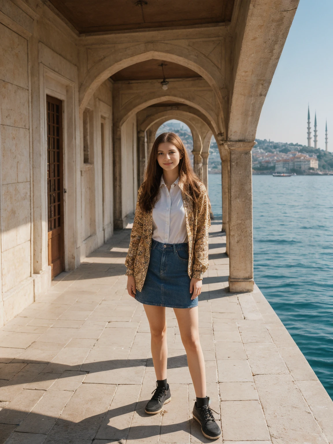 her name is Annie, high quality, 1girl, ((20-year-old fit Caucasian woman)), ((20 years old)), ((fit)) auburn long hair, pose: standing, wearing colored unique g gen Z modern wear, BACKGROUND: Lived between Europe and Asia in Istanbul, with its ancient mosques, bustling bazaars, and breathtaking views of the Bosphorus.