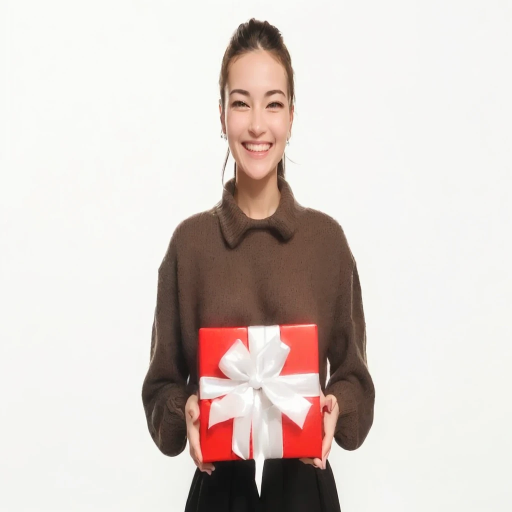 Arafed woman holding a red and white gift box with a white bow., holding gift, giving Gifts to people, Gifts, public holiday, Presents, wearing a red turtleneck sweater, public holiday season, she is smiling and excited, Surprise, high quality portrait, product introduction photo, Christmas, small and wide smile, happy look, John shouted