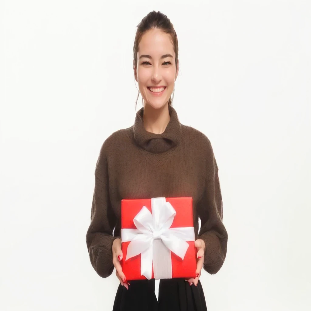 Arafed woman holding a red and white gift box with a white bow., holding gift, giving Gifts to people, Gifts, public holiday, Presents, wearing a red turtleneck sweater, public holiday season, she is smiling and excited, Surprise, high quality portrait, product introduction photo, Christmas, small and wide smile, happy look, John shouted
