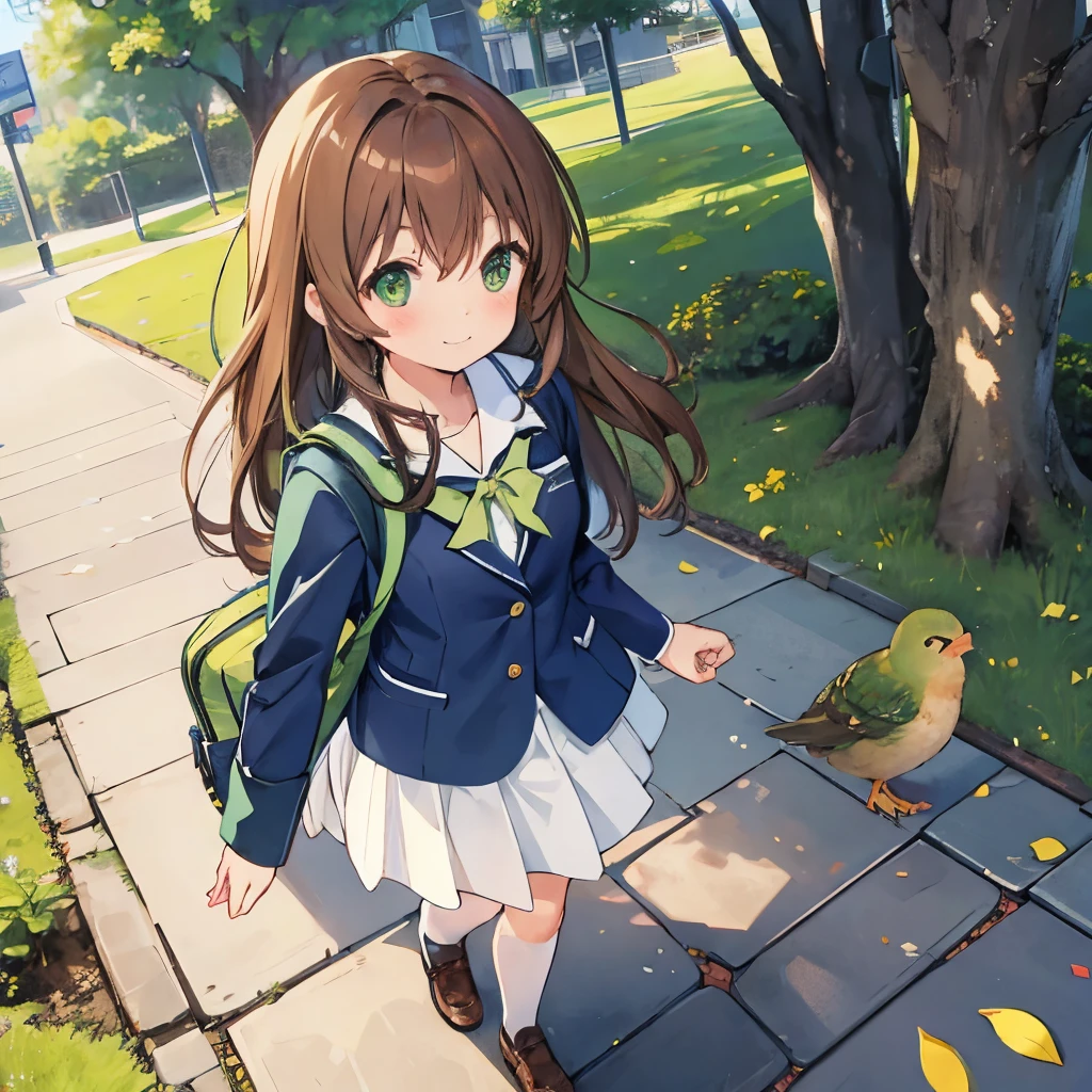 kawaii, anime, Cute, hyper quality, highly detailed, 16k, Front facing, Clarity, full body, smile, one girl, long brown hair, green eyes, uniform, , carry a school bag, in town, find one bird, brown kiwi bird, Kiwi bird is on the ground, holding a kiwi bird, kiwi bird, A town where flowers are planted,