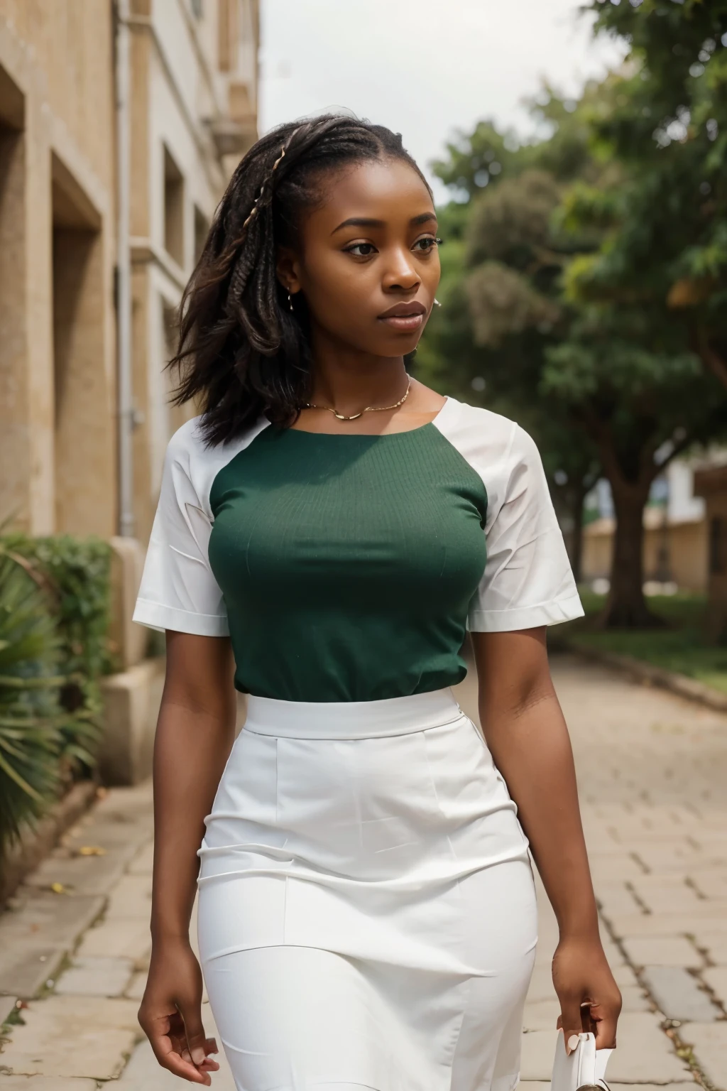 Create a realistic depiction of a 23 year old African lady who is smartly dressed for church. She should be wearing modern, Her outfit should prominently feature green top and white skirt. She should have a very thick build and appear realistic."