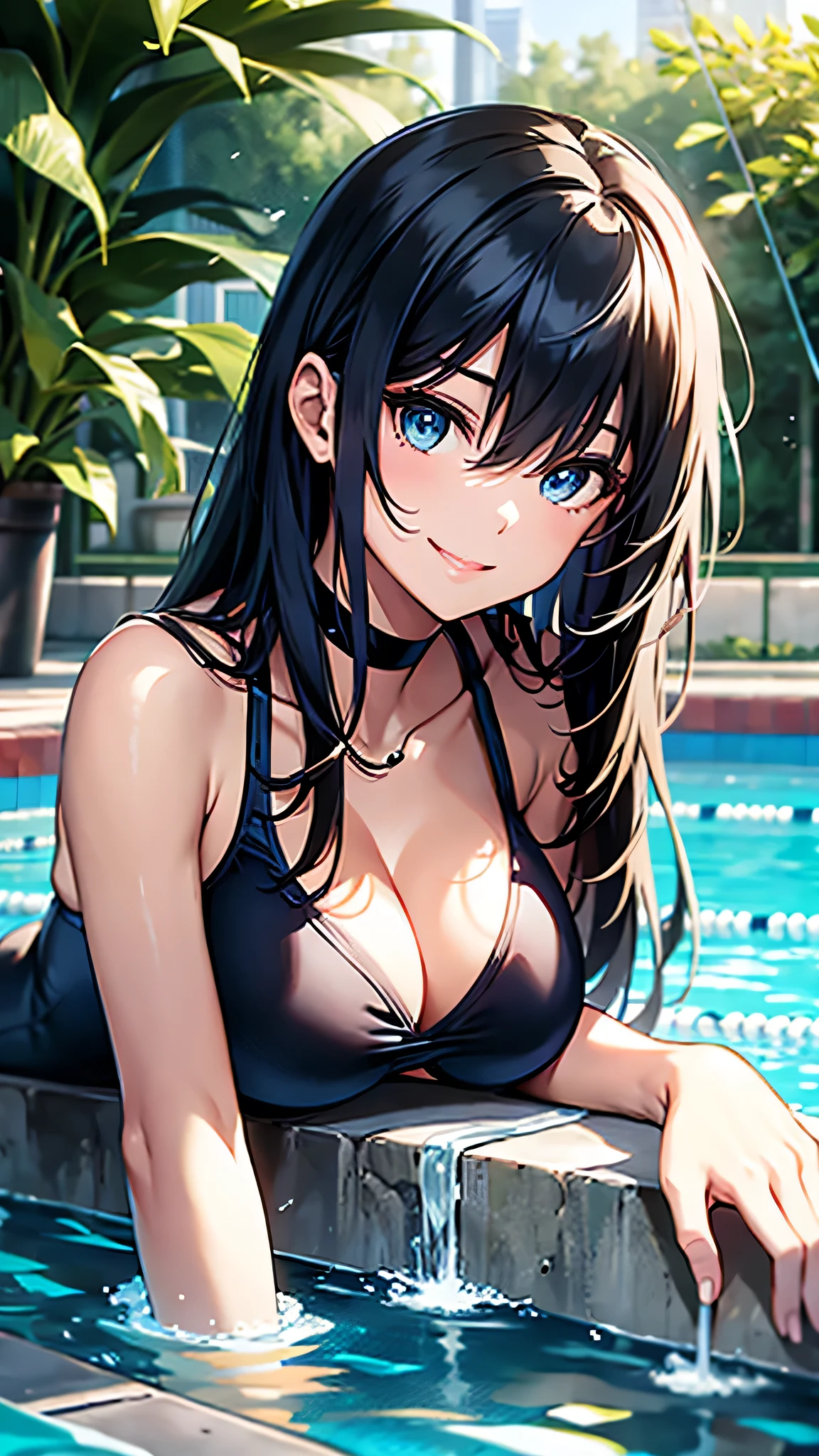 最high quality、Best image quality、masterpiece、With a girl((cute、、Best Bust、Medium Bust、Beautiful Blue Eyes、Spread your chest wide,Black Hair、Slender、The best valley、、Blue school swimsuit,Show the whole body、Blue Mesh,Leaning forward greatly,smile))high quality、Beautiful art、background((summertime、Pool facilities、A large number of people々)),Tabletop、Exquisite design、Visual Arts、Depth of written boundary、Best lighting、Highest detail、8k