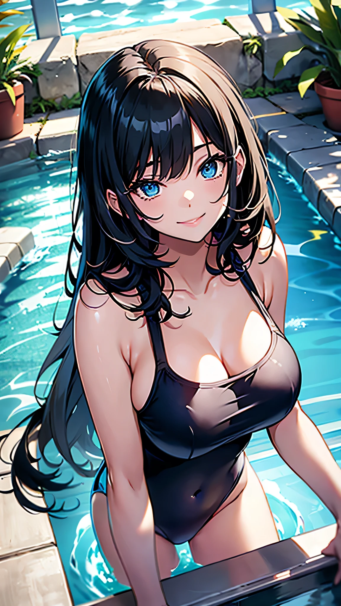 最high quality、Best image quality、masterpiece、With a girl((cute、16 years old、Best 、、Beautiful Blue Eyes、Spread your  wide,Black Hair、Slender、The best valley、、Blue school ,Show the whole body、Blue Mesh,Leaning forward greatly,smile)）high quality、Beautiful art、background((summertime、Pool facilities、A large number of people々)),Tabletop、Exquisite design、Visual Arts、Depth of written boundary、Best lighting、Highest detail、8ｋ