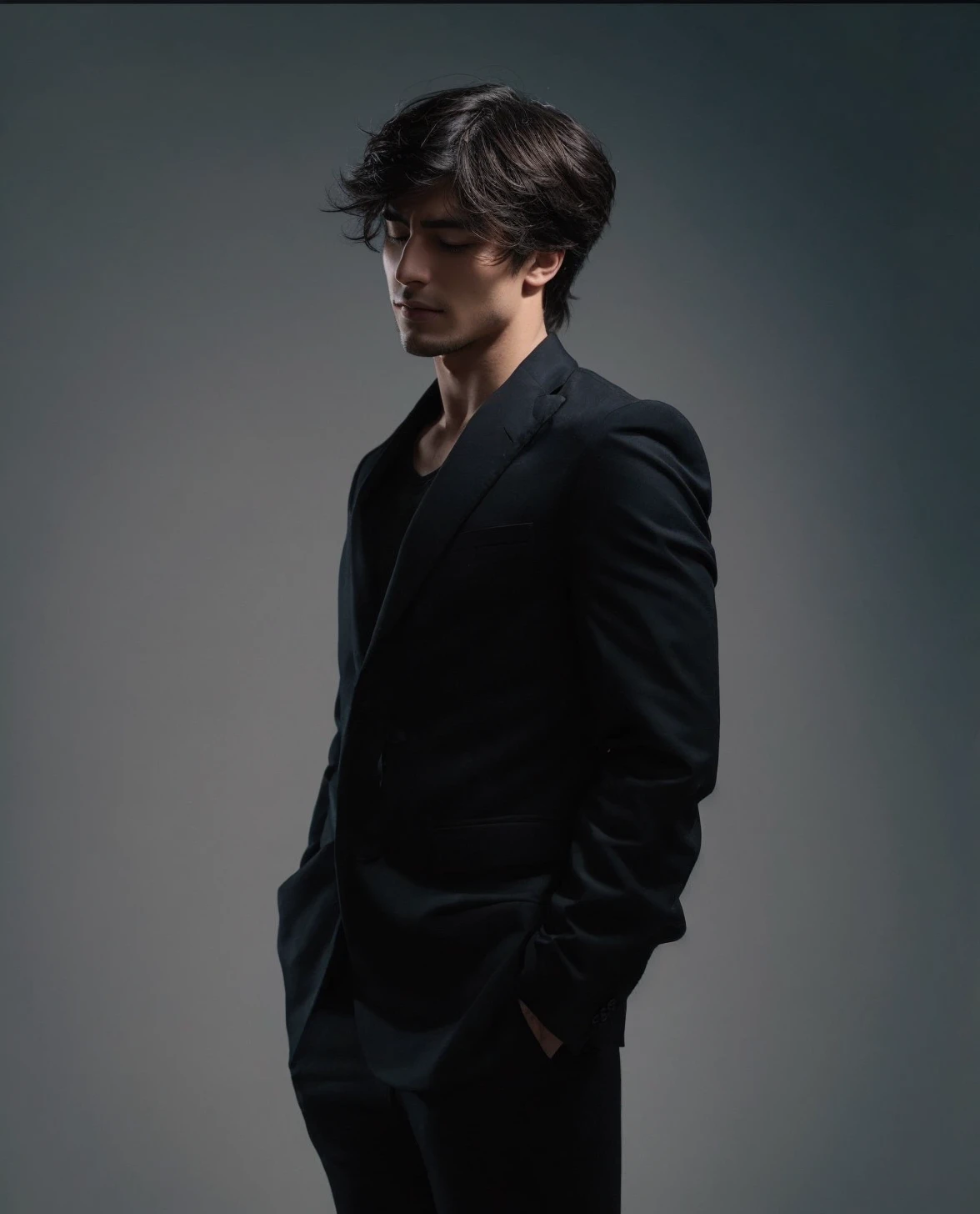Male face, closed eyes, more defined lips and more beautiful features, Without beard