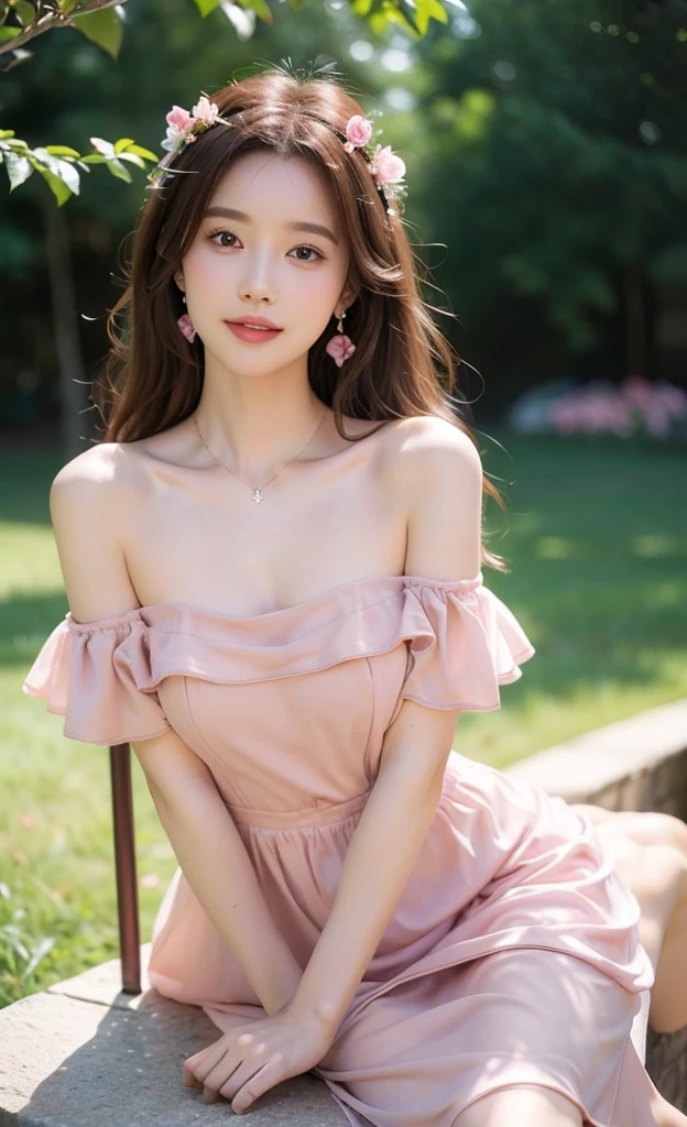 1girl,dress,flower,solo,brown hair,pink dress,sitting,rose,plant,(long hair:1.3),blurry,bare shoulders,pink flower,jewelry,pink rose,necklace,depth of field,off-shoulder dress,parted lips,off shoulder,breasts,looking at viewer,collarbone,lips,vines,strapless,princess,strapless dress,blurry foreground,full body,earrings,smile,
