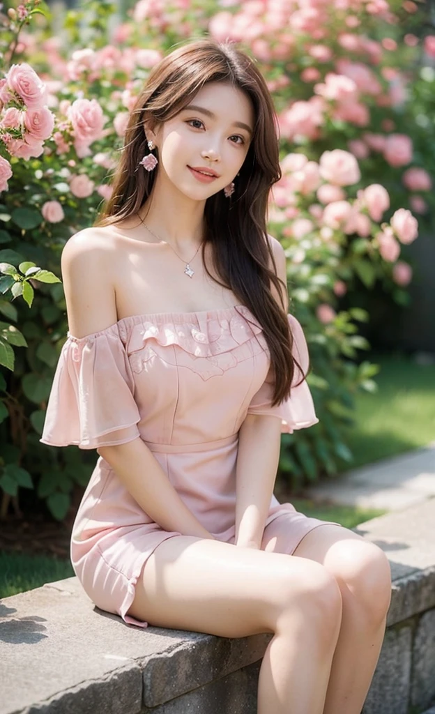1girl,dress,flower,solo,brown hair,pink dress,sitting,rose,plant,(long hair:1.3),blurry,bare shoulders,pink flower,jewelry,pink rose,necklace,depth of field,off-shoulder dress,parted lips,off shoulder,breasts,looking at viewer,collarbone,lips,vines,strapless,princess,strapless dress,blurry foreground,full body,earrings,smile,