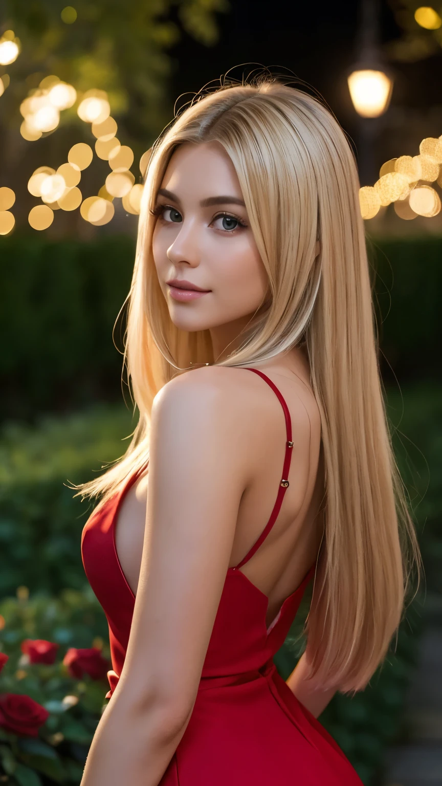 A 23-year-old blonde woman, ((pechos grandes)), ((hiperrealismo)) ,. blonde hair with light brown roots. cabello rubio, Hair with brown roots, cabello extra largo, cabello muy largo, really long hair, Beautiful, Front view, selfie, photo taken with iPhone, elegant red dress with escote, escotada, in the rose garden at night, high quality,