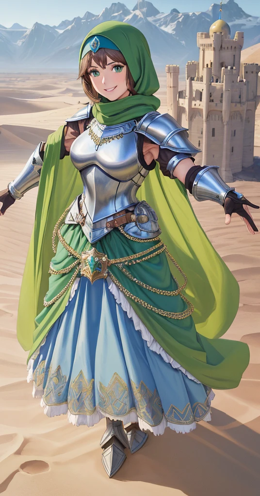 masterpiece, best quality:1.2), 1girl, smile, looking at viewer, green eyes, short brown hair, princess, armor, blue hijab headscarf, pauldrons, armored dress, green cloak cape, wearing puffy blue ballgown skirt, armored boots, fingerless gloves, standing in front of desert castle