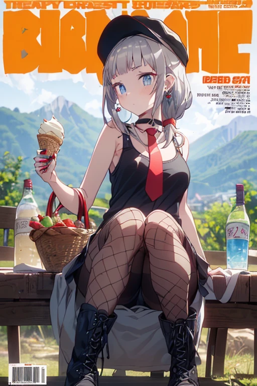 (perky chest:1.2), (pointed chest:1.2),(icecream magazine cover:1.3),(from below:1.2),(shoot from the side:1.1),(((Black Tunic:1.3))),(((cakes and bread in the basket),a 23yo Cute and beautiful girl,masterpiece、highest quality、Very detailed、Beautiful fine details、Detailed landscape、Braided Ponytail、Red camisole、((B cup breasts, Tank top showing underboob:1.0)), thigh strap, bangs, necktie, earrings, nail polish, fishnet pantyhose, silver hair, looking at viewer, full body, bottle, own hands together, belt, food, ring, choker, english text paper:1.2, collared shirt, blue eyes, hat,lace-up boots ,