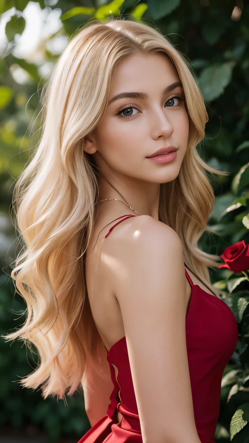 A 23-year-old blonde woman, ((pechos grandes)), ((hiperrealismo)) ,. blonde hair with light brown roots. cabello rubio, Hair with brown roots, cabello extra largo, cabello muy largo, really long hair, Beautiful, Front view, selfie, photo taken with iPhone, elegant red dress with escote, escotada, in the rose garden at night, high quality,