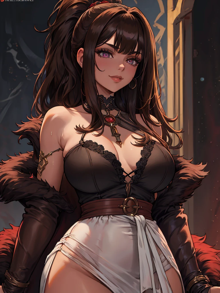 ((masterpiece)), ((best quality)), 1girl, adult, long hair, big bust, ((brown hair)), ((intimidant look)), ((close-up)), profile image, black and red clothes, sexy, dark colors, ((coat with fur)), ((wavy hair)), exposed skin, ((sexy pose)), good anatomy, ((dark sage clothes)), ((straight cut bangs)), emotionless, intimidant, ((beautiful eyes)), dark background, close up, ((detailed eyes)), ((detailed face)), hair bang, frontal look, relaxed, smile, queen, ponytail, violet eyes