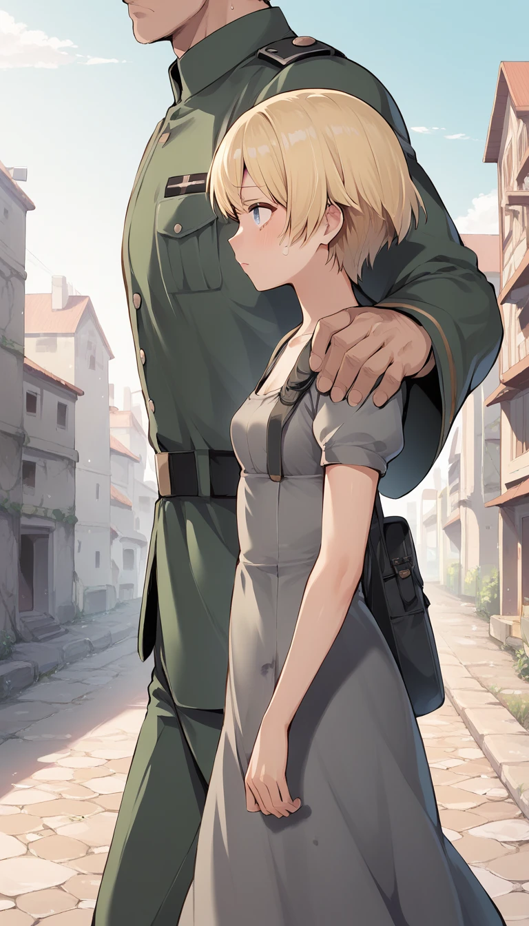 score_9, score_8_up, score_7_up, source_anime BREAK 
1girl, 14yo, _young, from side, small breasts, dirty dress, hands on shoulder, hand on another's shoulder, blonde short hair, grey eyes, sad face, town ruins, outdoors, walking, size difference, faceless male, male face out of frame, male military suit 