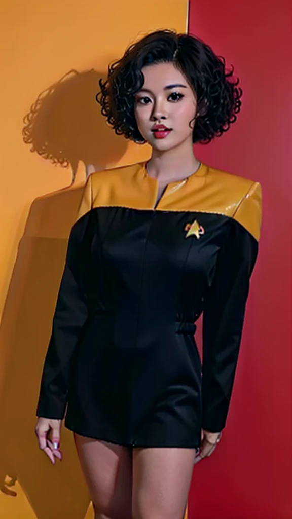 asian woman with curly hair in black and yellow voyunf uniform , lat3tch3stcut0ut,  dress, short latex dress, red pasties, 
on a starship