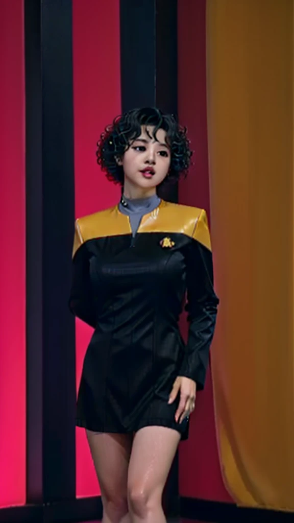 asian woman with curly hair in black and yellow voyunf uniform , lat3tch3stcut0ut,  dress, short latex dress, red pasties, 
on a starship