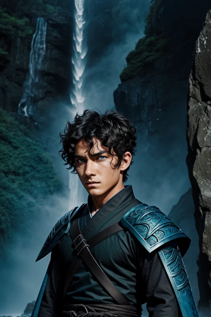 you could create, in demon slayer drawing style, to a boy with big blue-green eyes, with short hair, curly and black with a scar on the left cheek and some freckles. With a blue haori and a waterfall pattern. Underneath that using the black uniform of the demon hunter corps and a blue katana