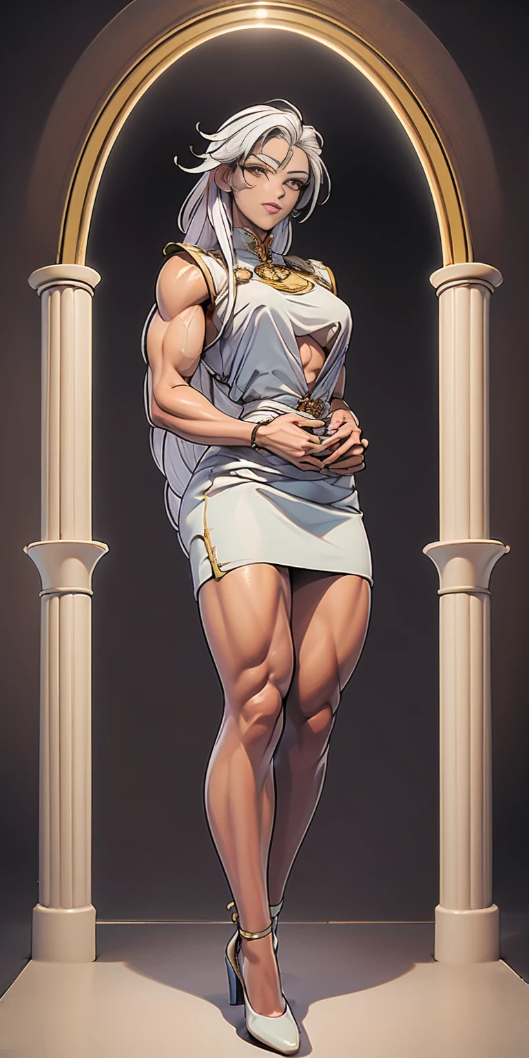 (masterpiece, best quality), intricate details, 1girl, Bridesmaid Muscular full body woman White hair White braid Motherly body smile Porcelain skin Red heels with feet together Long hair Hands on waist Navel Strong abs Direct look Perfect lighting Masterpiece High quality (good hands, best hands)