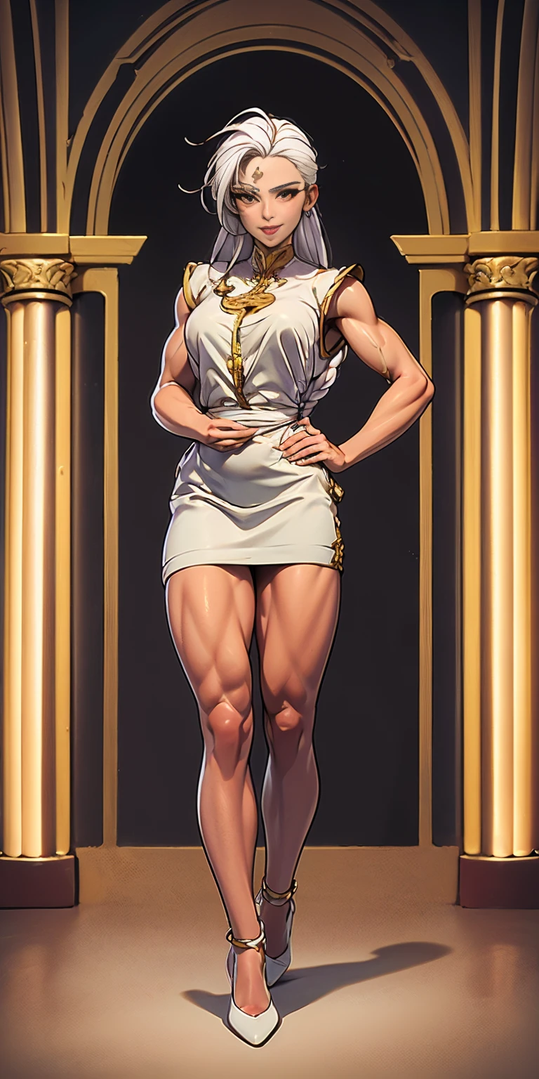 (masterpiece, best quality), intricate details, 1girl, Bridesmaid Muscular full body woman White hair White braid Motherly body smile Porcelain skin Red heels with feet together Long hair Hands on waist Navel Strong abs Direct look Perfect lighting Masterpiece High quality (good hands, best hands)