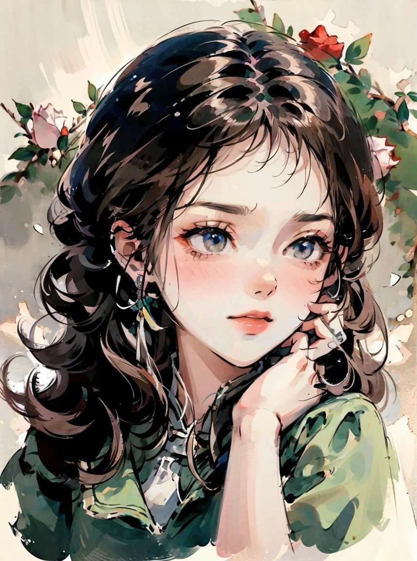 Girl, Movie Light, Picturesque, nature, blue , Leaves, Roses, flowers , Very detailed, precise 